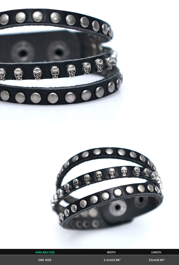 Accessories Bracelets Triple Skull Stud Leather CuffBracelet 338